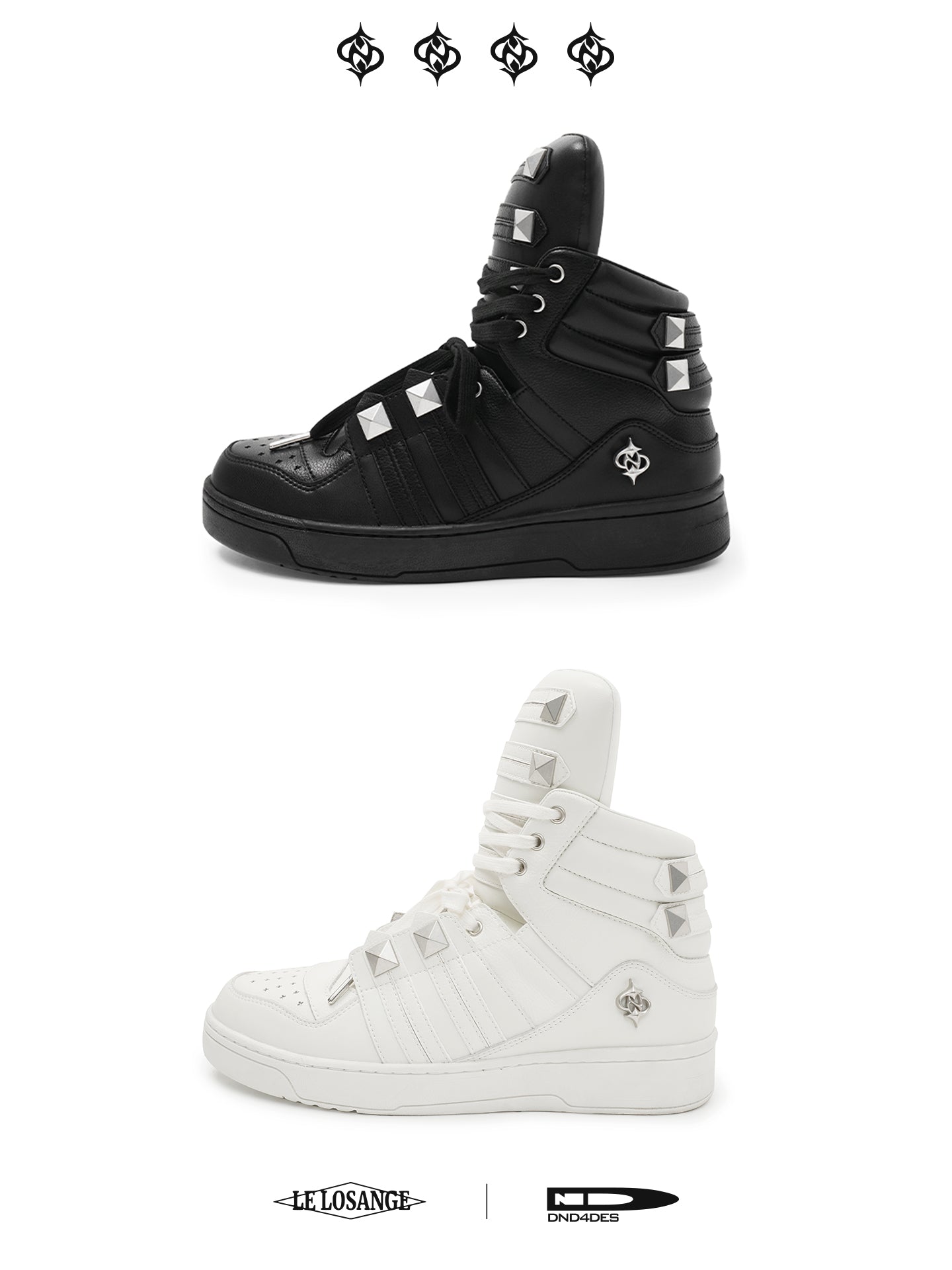 DND4DES x LELOSANGE Royal Studded Oversized Tongue Platform Mid-Top Sneakers