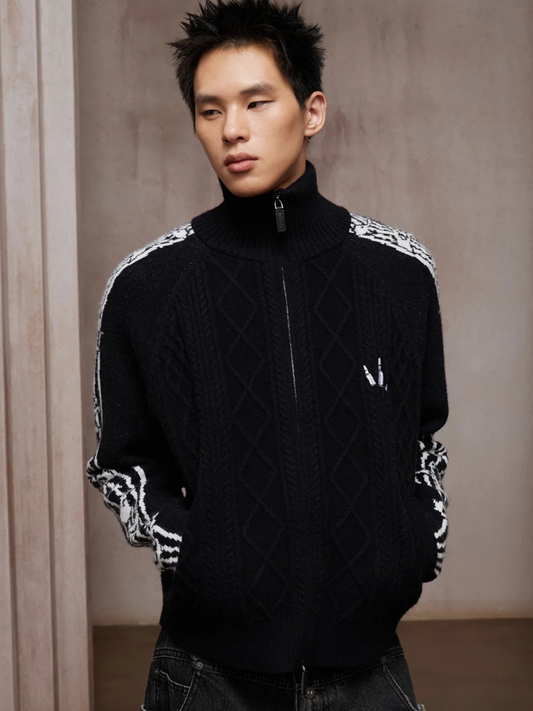 Riff Aran Cable Knit High-Neck Zip-Up Jacket