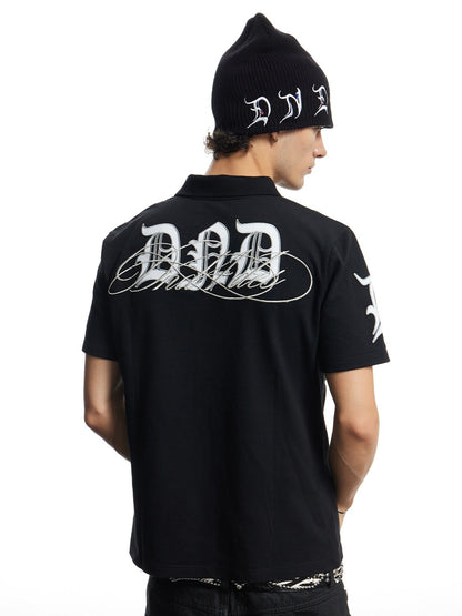 Gothic Script Embroidered Boxy Polo Shirt