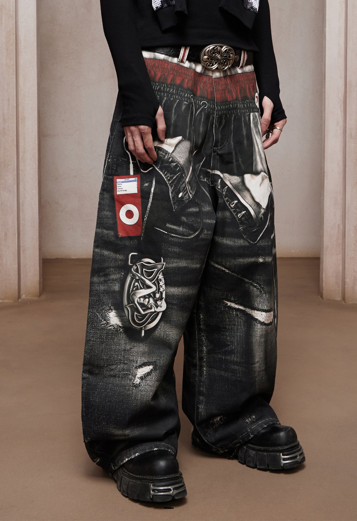 Trompe-l’œil Sports-Layered Printed Baggy Jeans