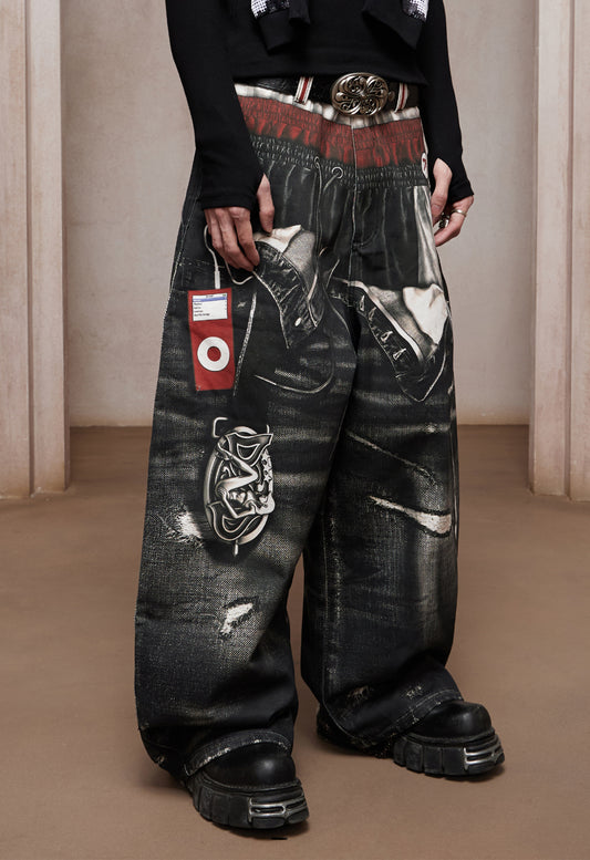 Trompe-l’œil Sports-Layered Printed Baggy Jeans