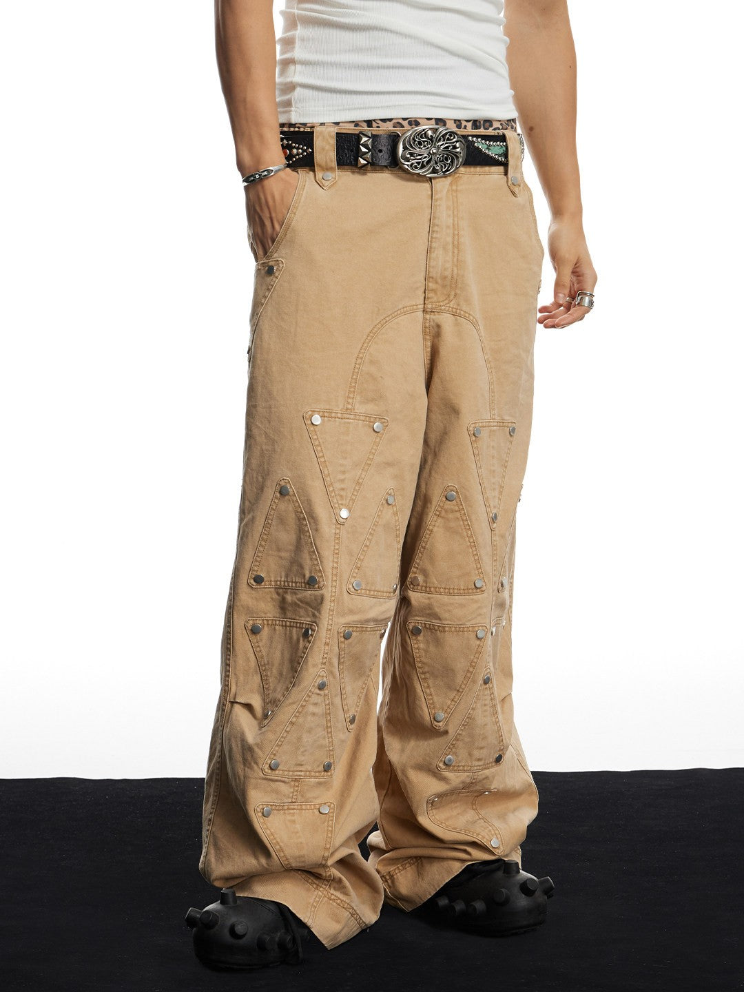 Washed Studded Geo Armor Panel Baggy Cargo Pants