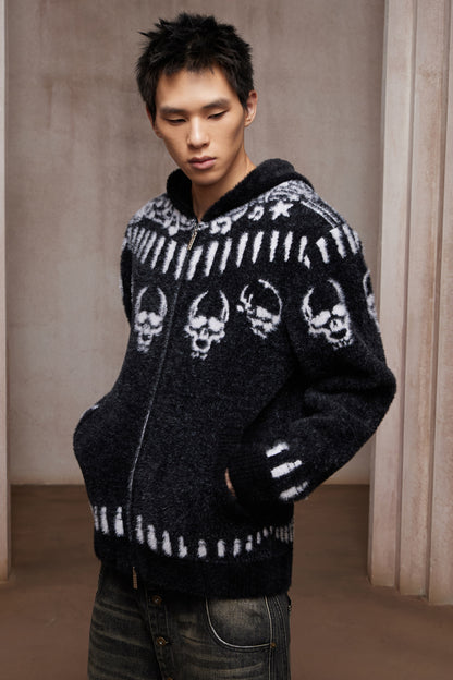 Faux Mink Skull & Bullet Zip-Up Hooded Jacket