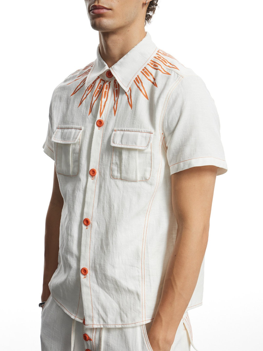 White Linen Infrared Bullet Collar Embroidered Short Sleeve Shirt