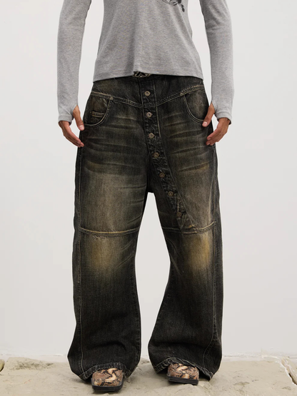 Asymmetrical Long Button Fly Curved-Blade Denim