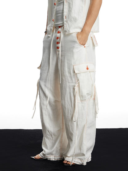White Linen Infrared Contrast Stitch Bullet Back Patch Wide-Leg Cargo Pants