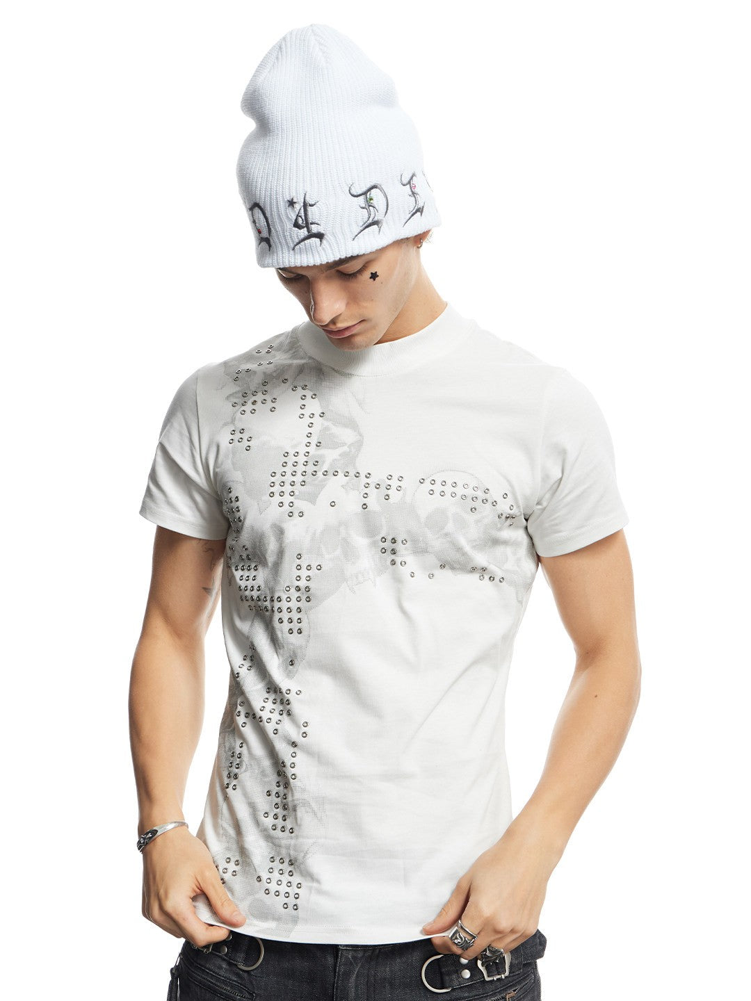 Rhinestone Gothic Cross Skull Print Fitted T-Shirt