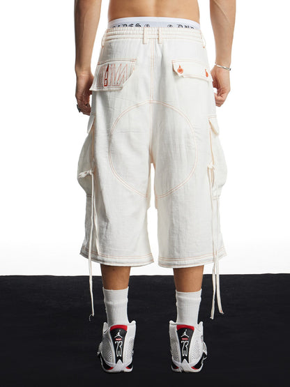 White Linen Infrared Contrast Stitch Bullet Back Patch Cargo Shorts