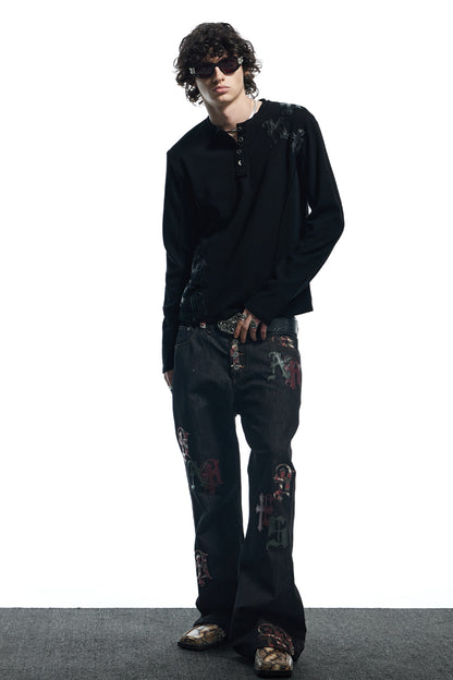 Camouflage Gothic Applique Raw Denim