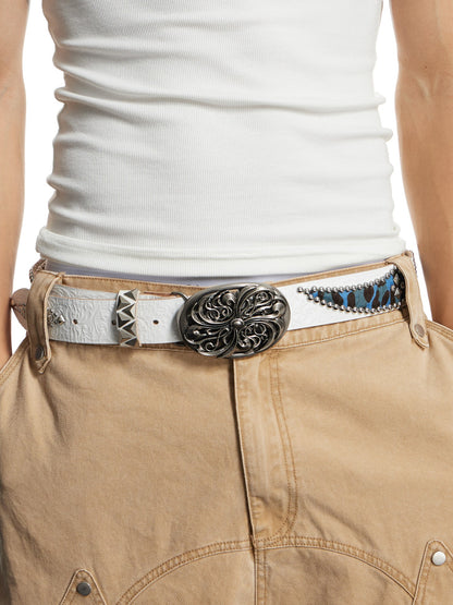 Western Chrome Buckle Tooled Rhinestone Patchwork Leather Belt