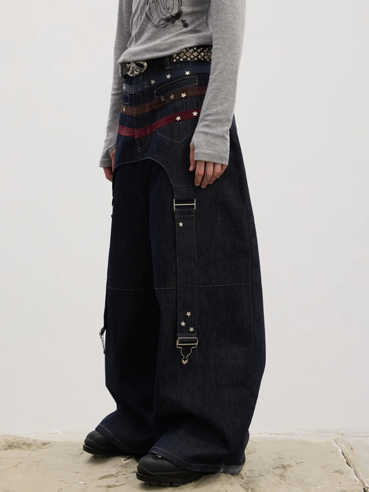 Triple Suede-Strapped Star-Rivet Harness Baggy Raw Denim