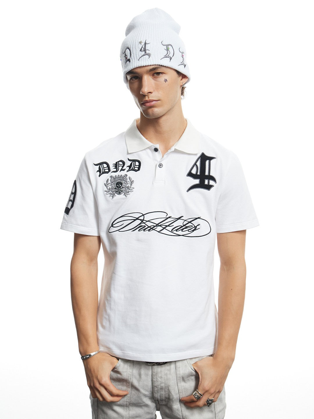 Gothic Script Embroidered Boxy Polo Shirt