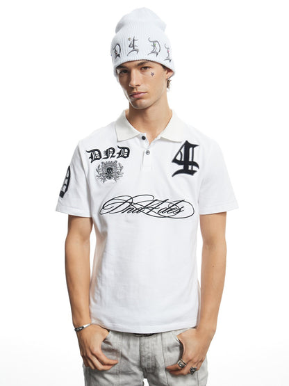Gothic Script Embroidered Boxy Polo Shirt