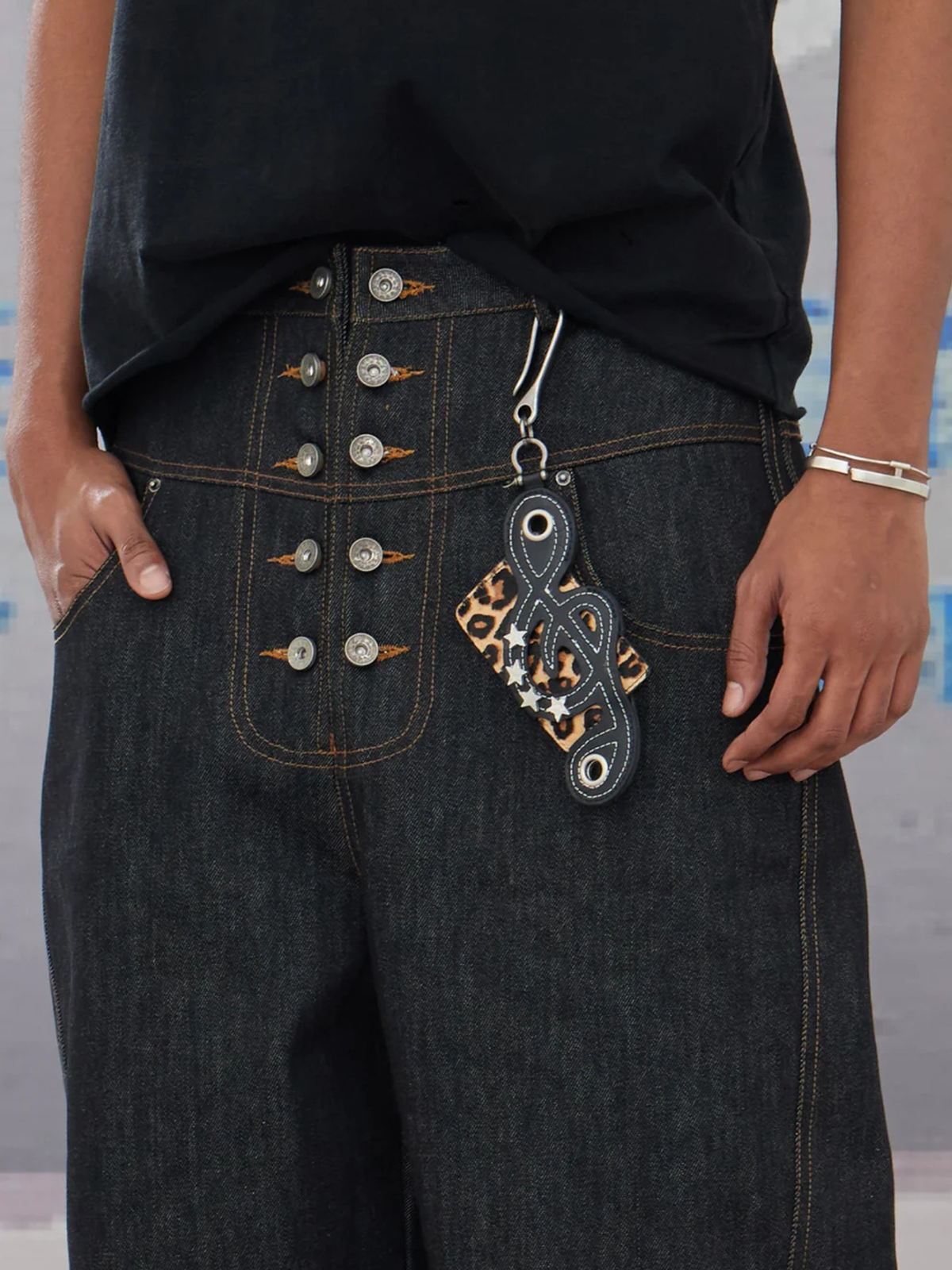 Genuine Haircalf Leopard x Cow Print Leather Cardholder with Music Notes and Star Rivets
