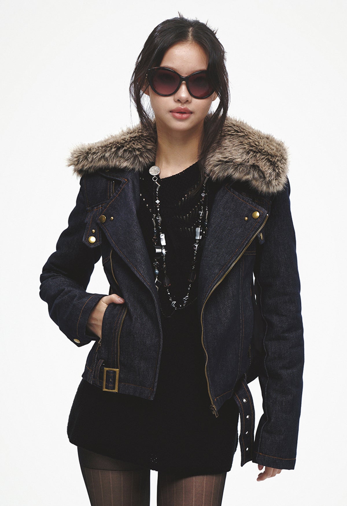 Retro Detachable Fur Collar Fitted Raw Denim Biker Jacket