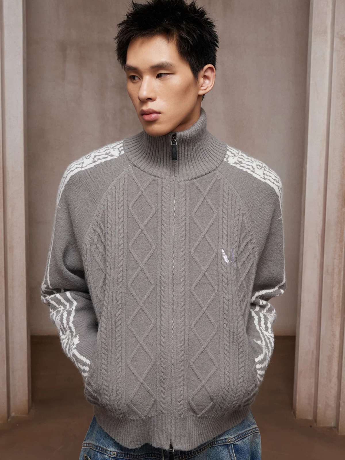Riff Aran Cable Knit High-Neck Zip-Up Jacket