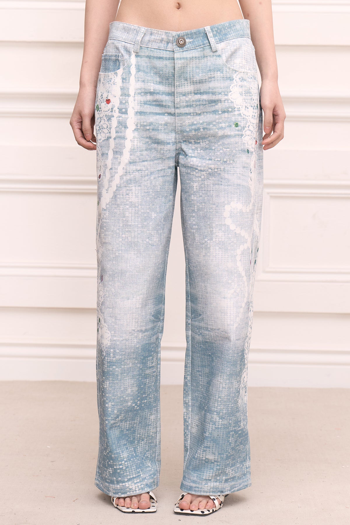 Lace Pearl Chain Sequin Print Pants