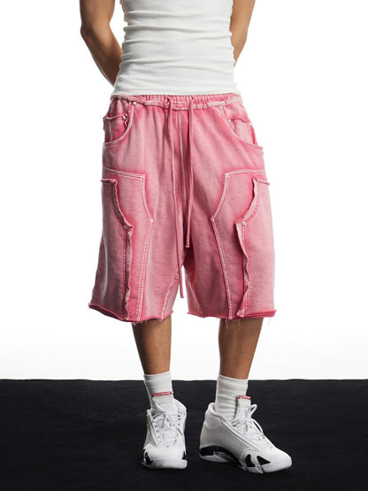 Washed Deconstructed Raw Edge Pocket Long Shorts