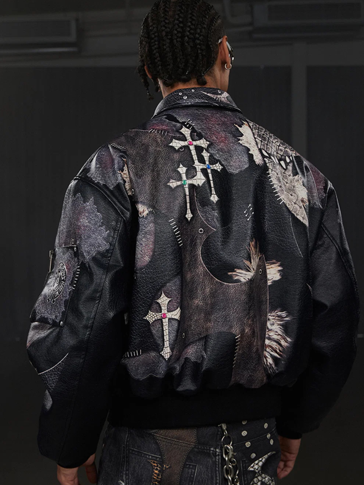 Jeweled Cross Spliced Pythonskin Leather Jacket