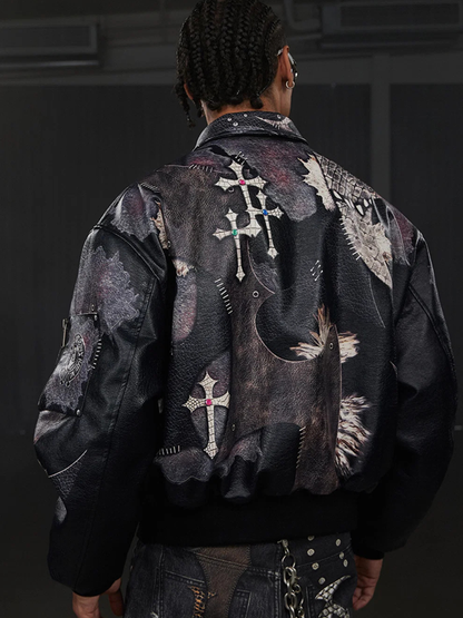 Jeweled Cross Spliced Pythonskin Leather Jacket
