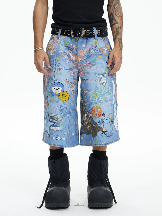 Star Graffiti Flocked Patches Embroidery Cartoon Oversized Pants