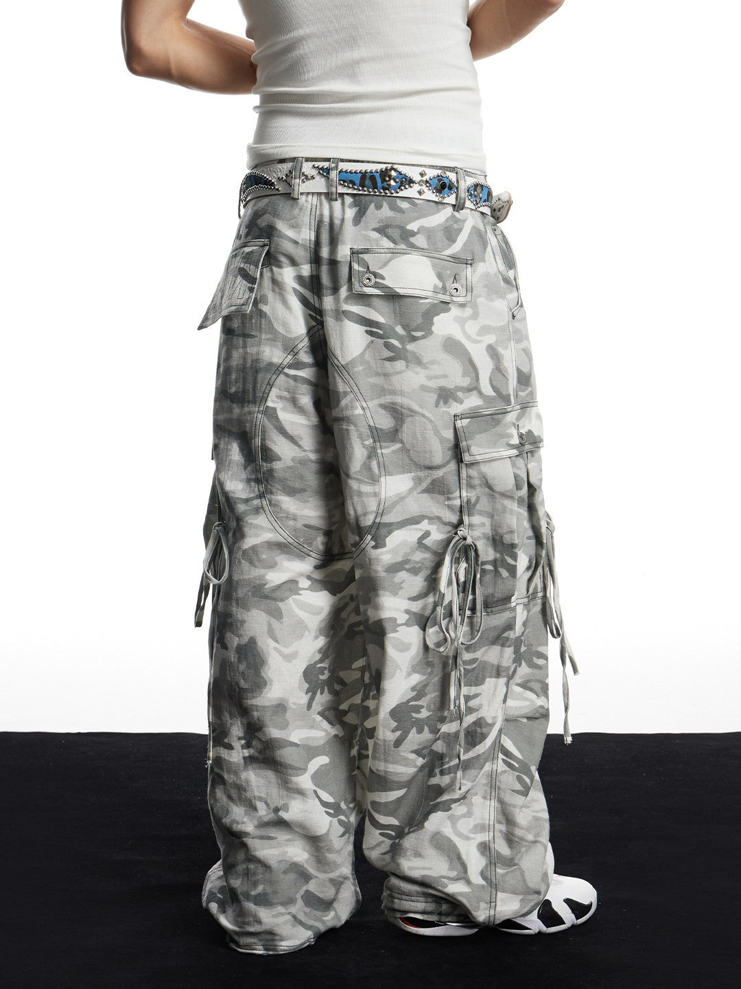 Grey Camo Linen Bullet Back Patch Wide-Leg Cargo Pants