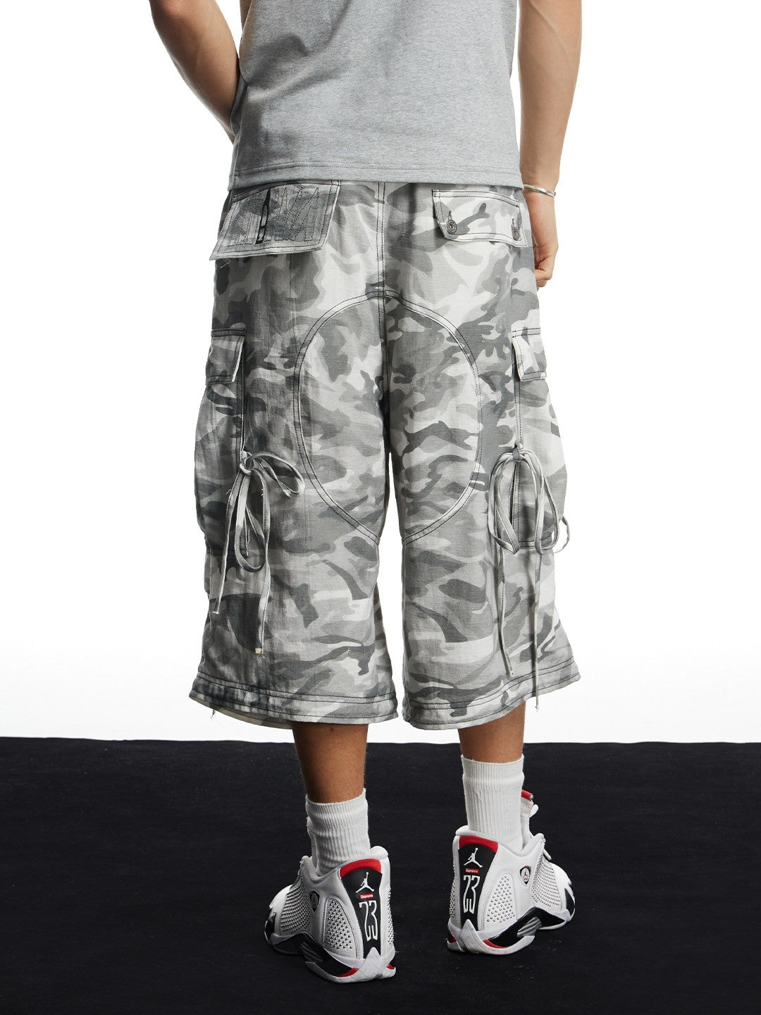 Grey Camo Linen Bullet Back Patch Cargo Shorts