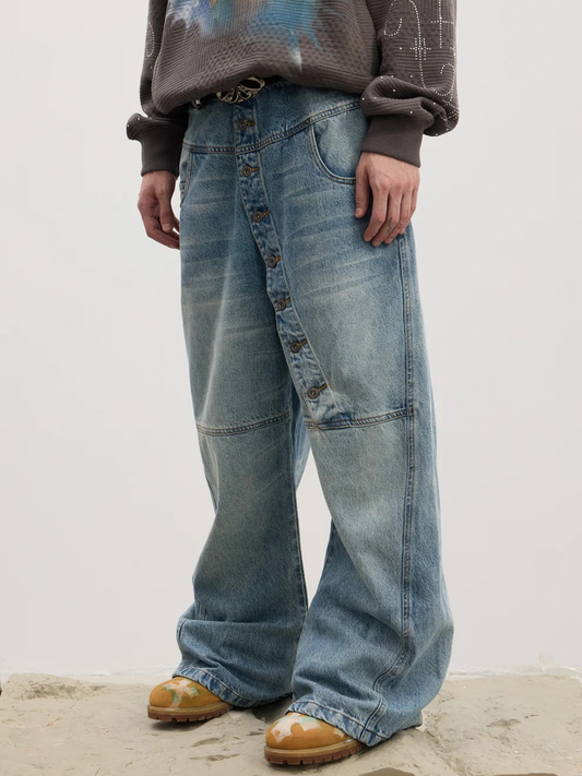 Asymmetrical Long Button Fly Curved-Blade Denim