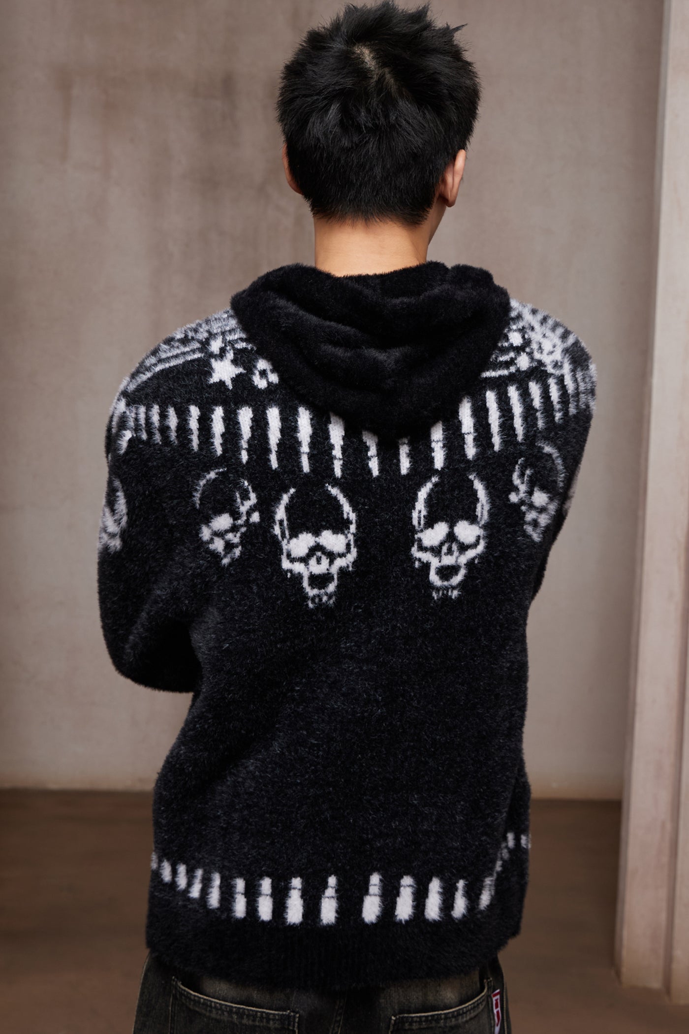 Faux Mink Skull & Bullet Zip-Up Hooded Jacket