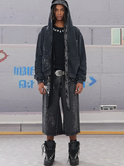 Rhinestone Washed 3/4 Pants