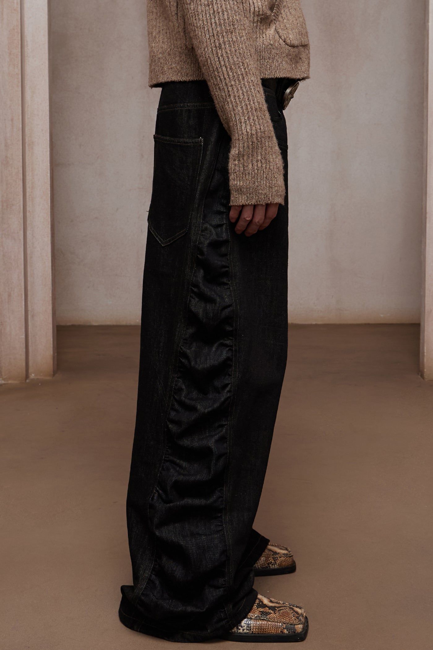 Asymmetric Button Fly Side-Ruched Raw Denim