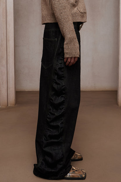 Asymmetric Button Fly Side-Ruched Raw Denim