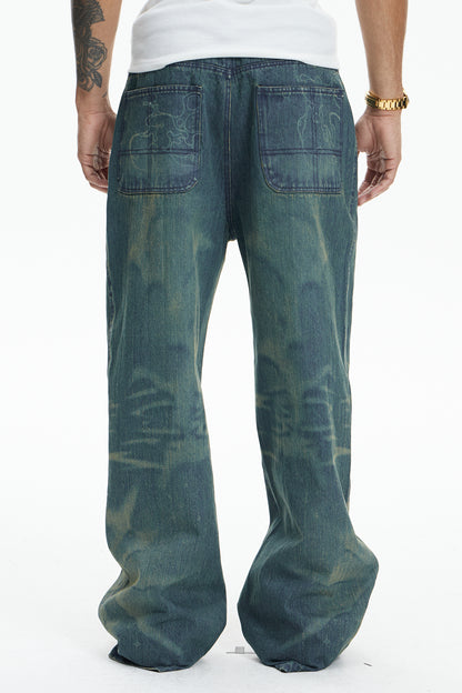 Laser Burning Ocean Straight Leg Jeans