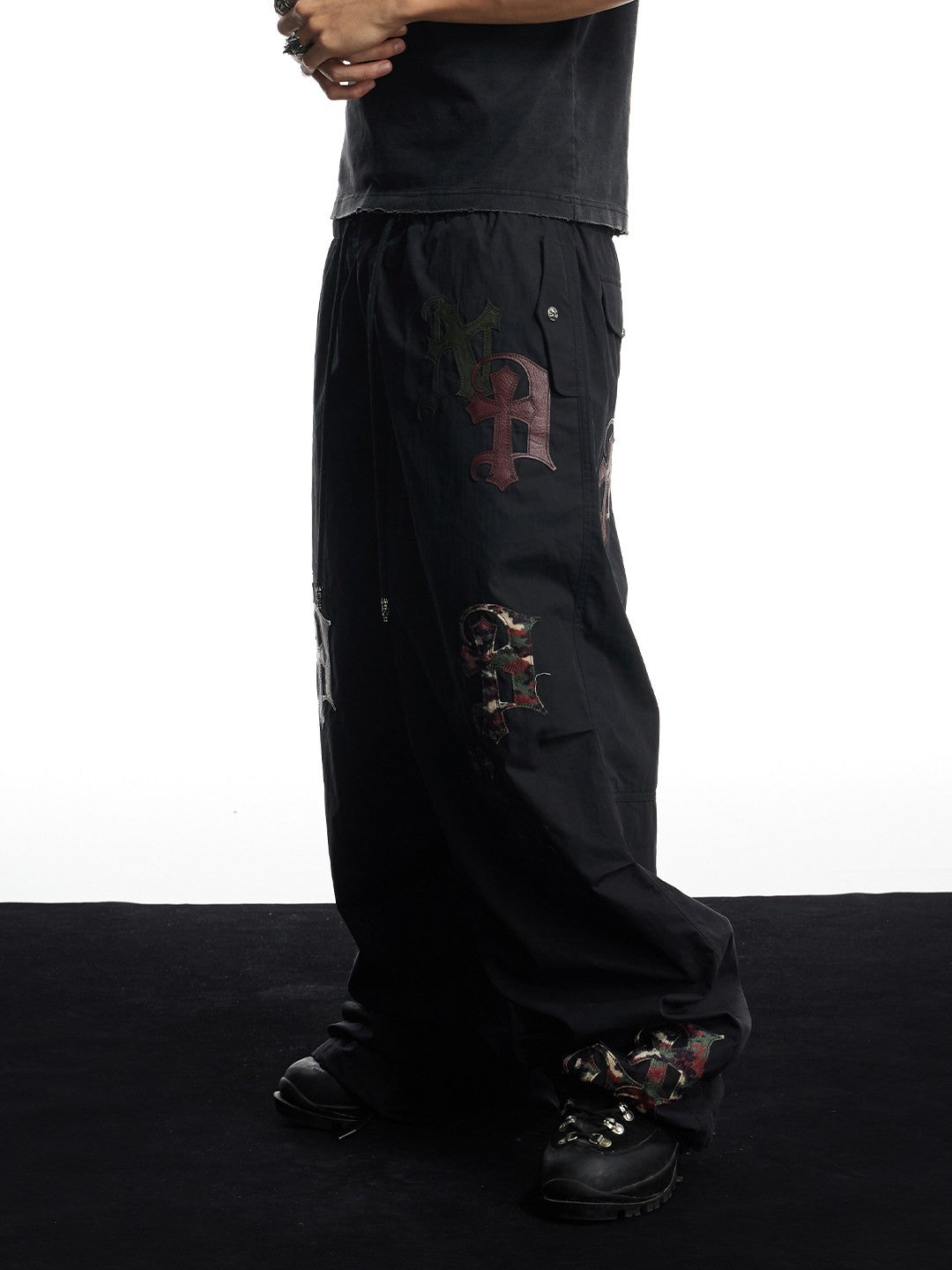 Cross Faux Leather Appliqué Wide-Leg Parachute Pants