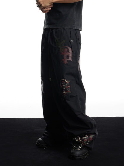 Cross Faux Leather Appliqué Wide-Leg Parachute Pants