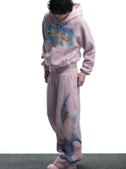 Virgin Mary Hotfix Rhinestone Double Waist Sweatpants - Pink