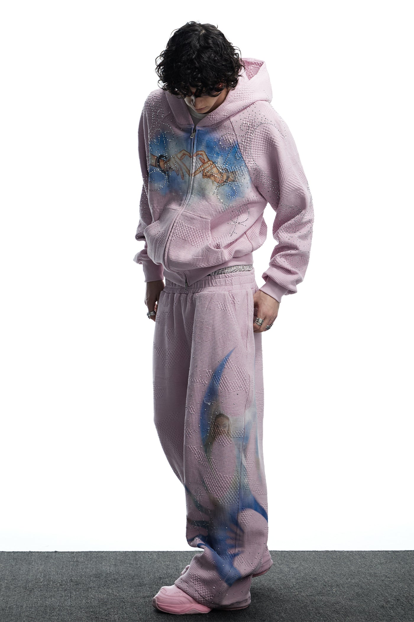 Virgin Mary Hotfix Rhinestone Double Waist Sweatpants - Pink