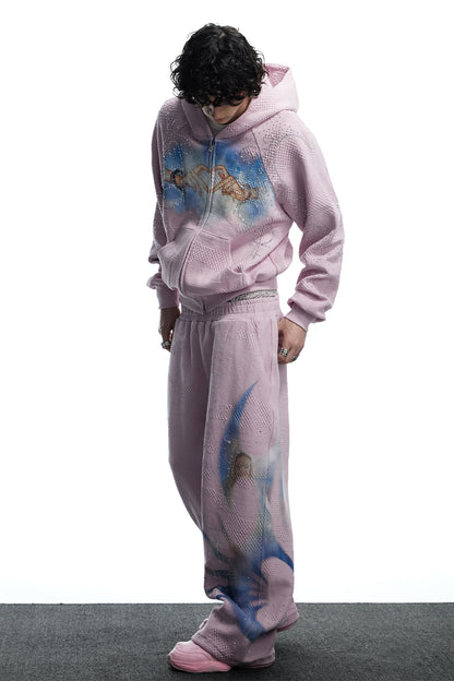 Virgin Mary Hotfix Rhinestone Double Waist Sweatpants - Pink