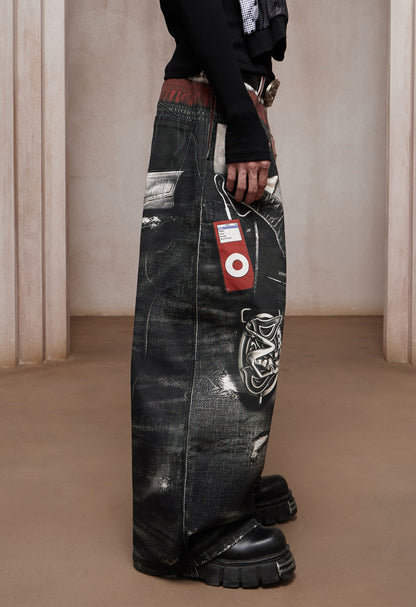Trompe-l’œil Sports-Layered Printed Baggy Jeans