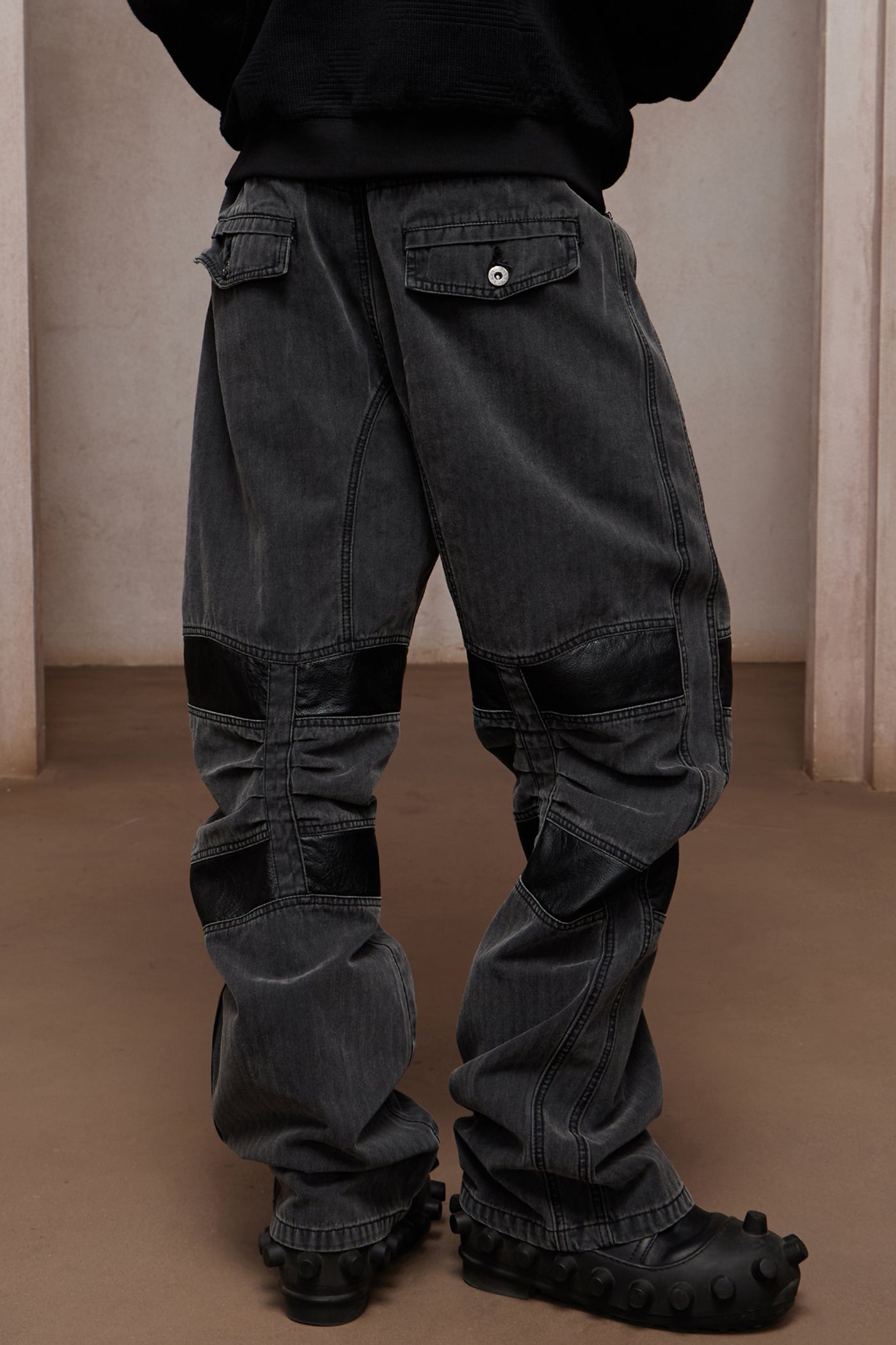 Heavy Washed Leather-Panel Utility Cargo Jeans