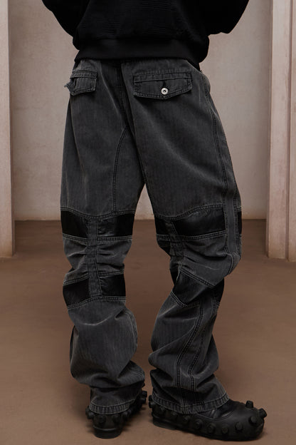 Heavy Washed Leather-Panel Utility Cargo Jeans