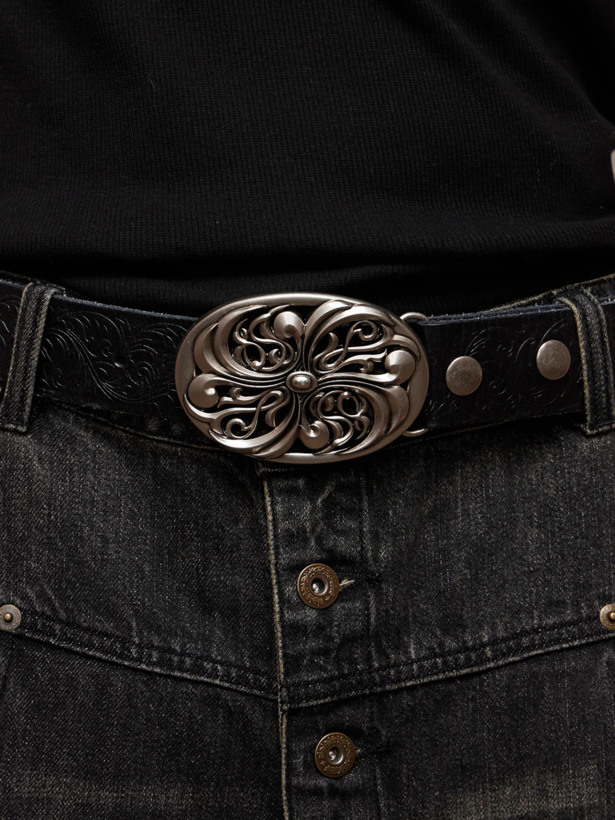 Chrome Acanthus Carved Leather Belt