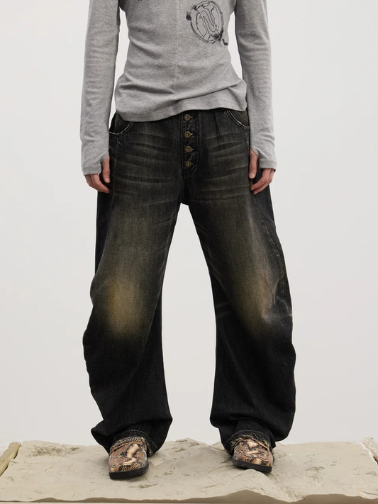 Curved Button Fly Loose Fit Washed Denim