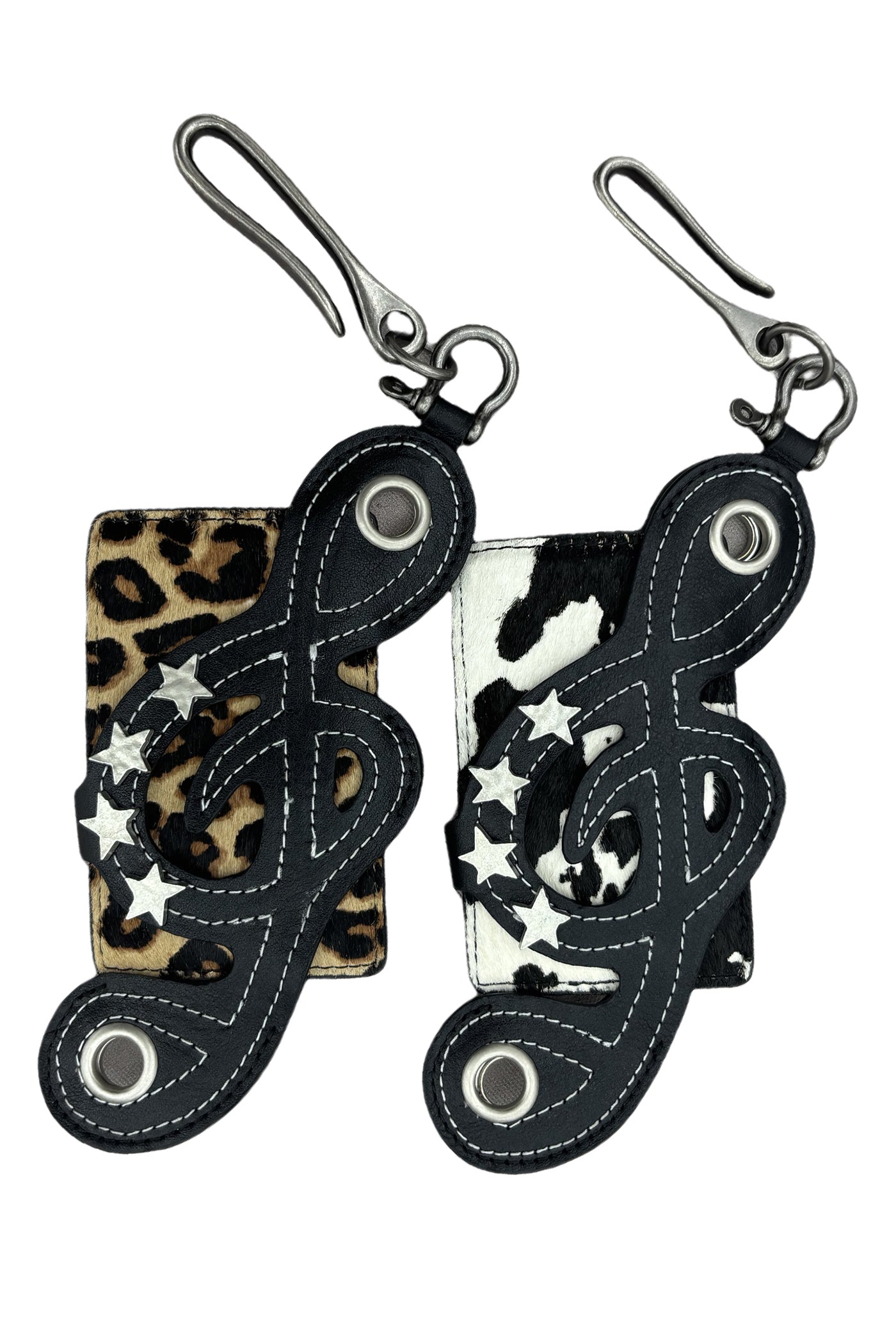 Genuine Haircalf Leopard x Cow Print Leather Cardholder with Music Notes and Star Rivets