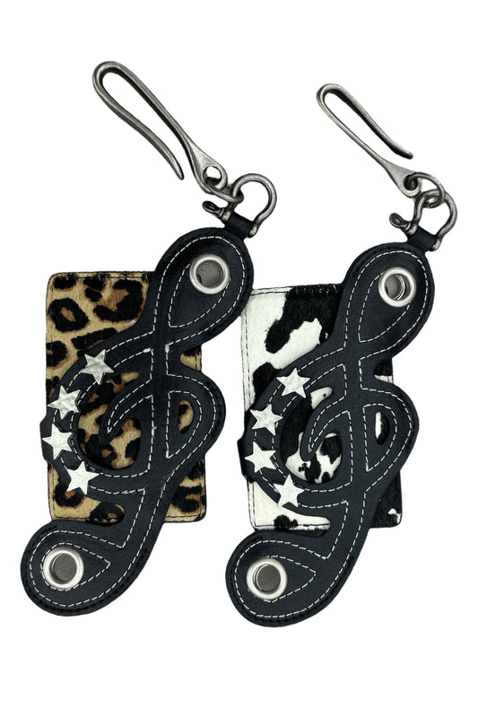 Genuine Haircalf Leopard x Cow Print Leather Cardholder with Music Notes and Star Rivets