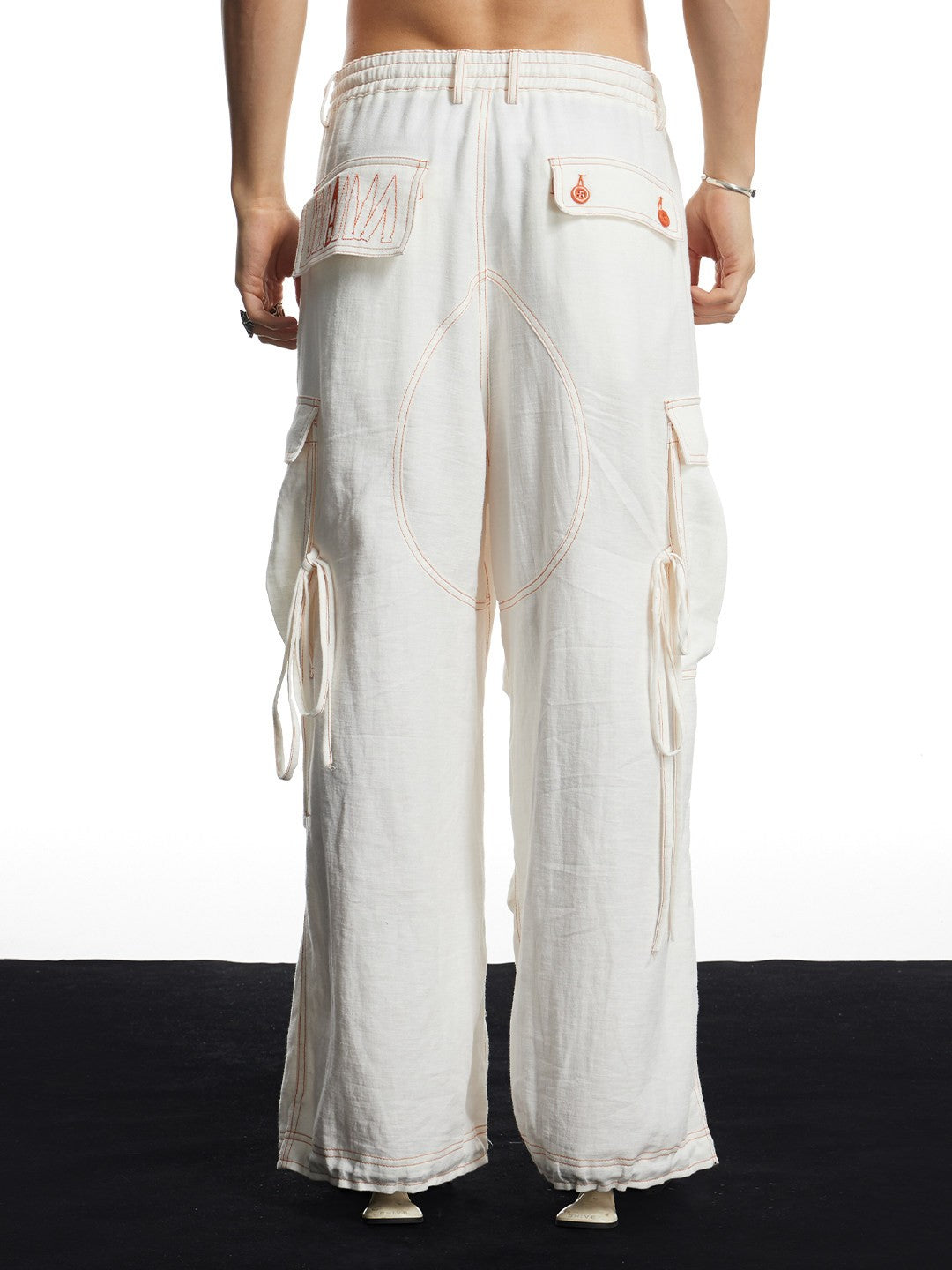 White Linen Infrared Contrast Stitch Bullet Back Patch Wide-Leg Cargo Pants