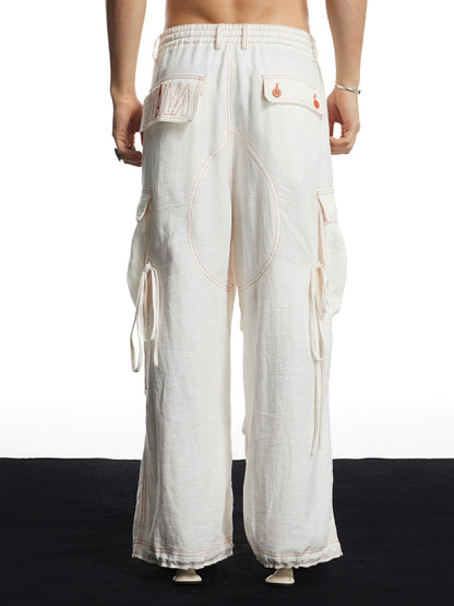 White Linen Infrared Contrast Stitch Bullet Back Patch Wide-Leg Cargo Pants