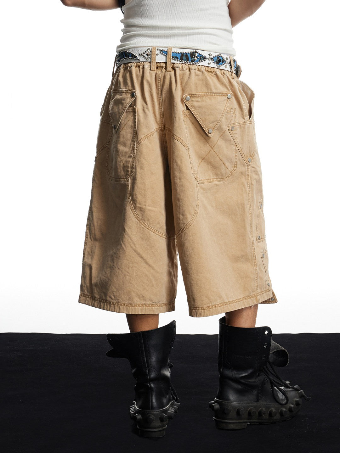 Washed Studded Geo Armor Panel Cargo Shorts