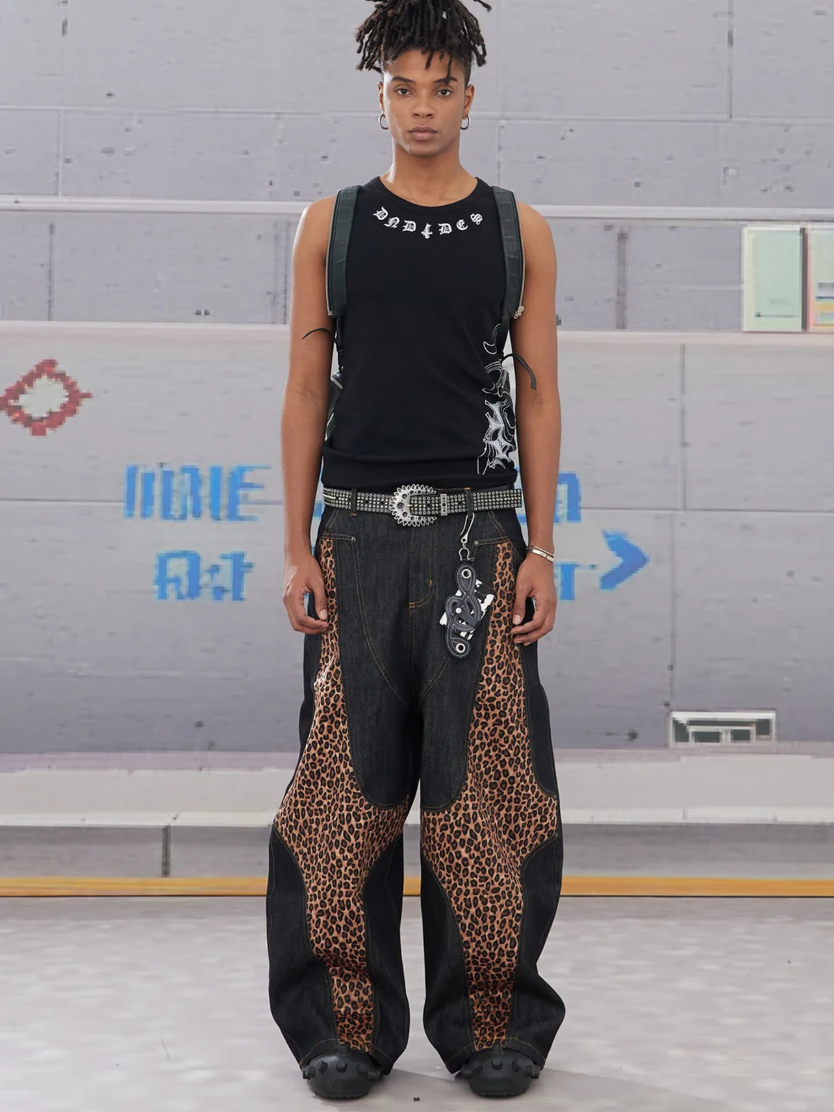 Cross-Paneled Genuine Haircalf Leopard Leather Curved Baggy Jeans