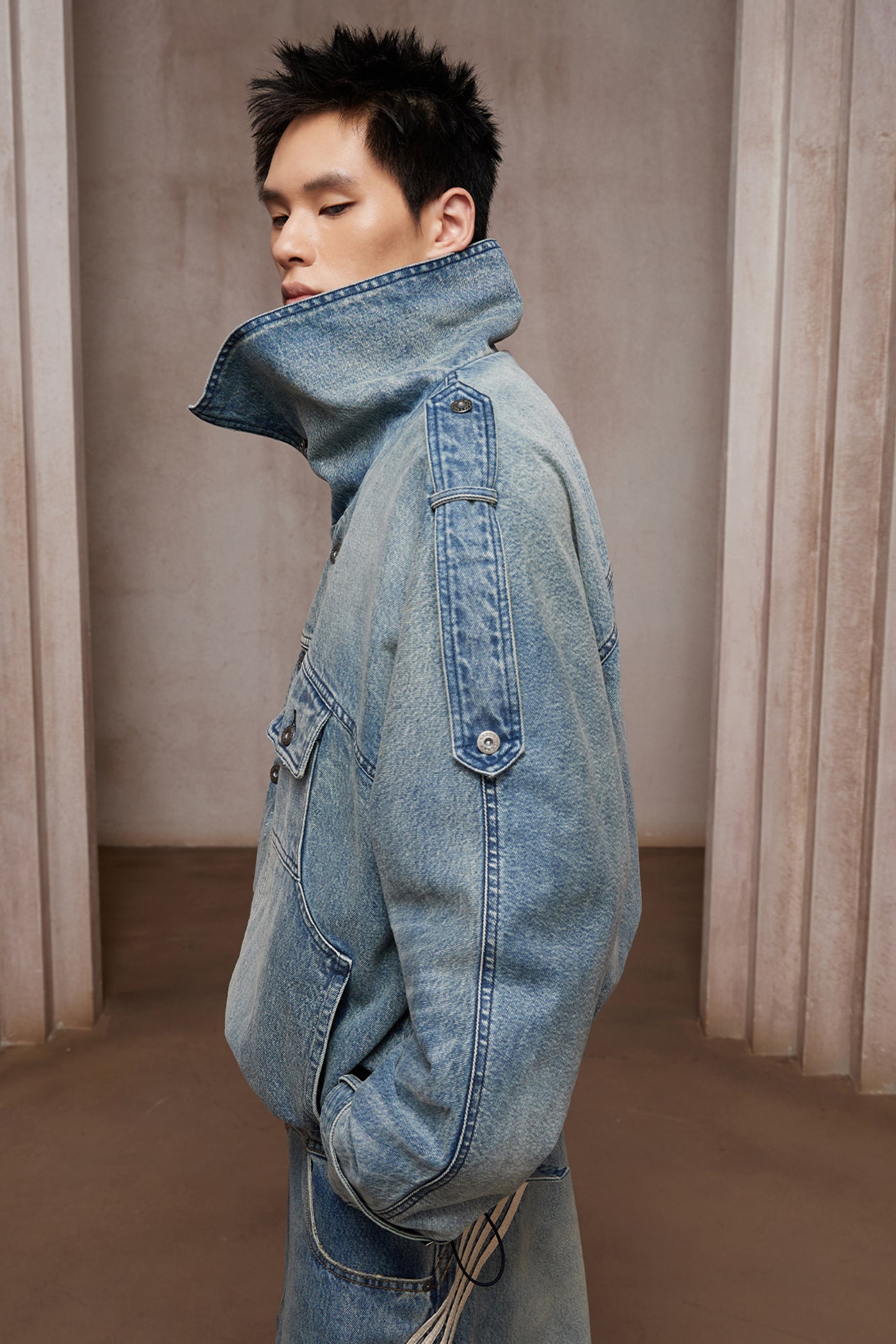Washed Stand-Collar Double-Breasted Cropped Denim Trench Jacket